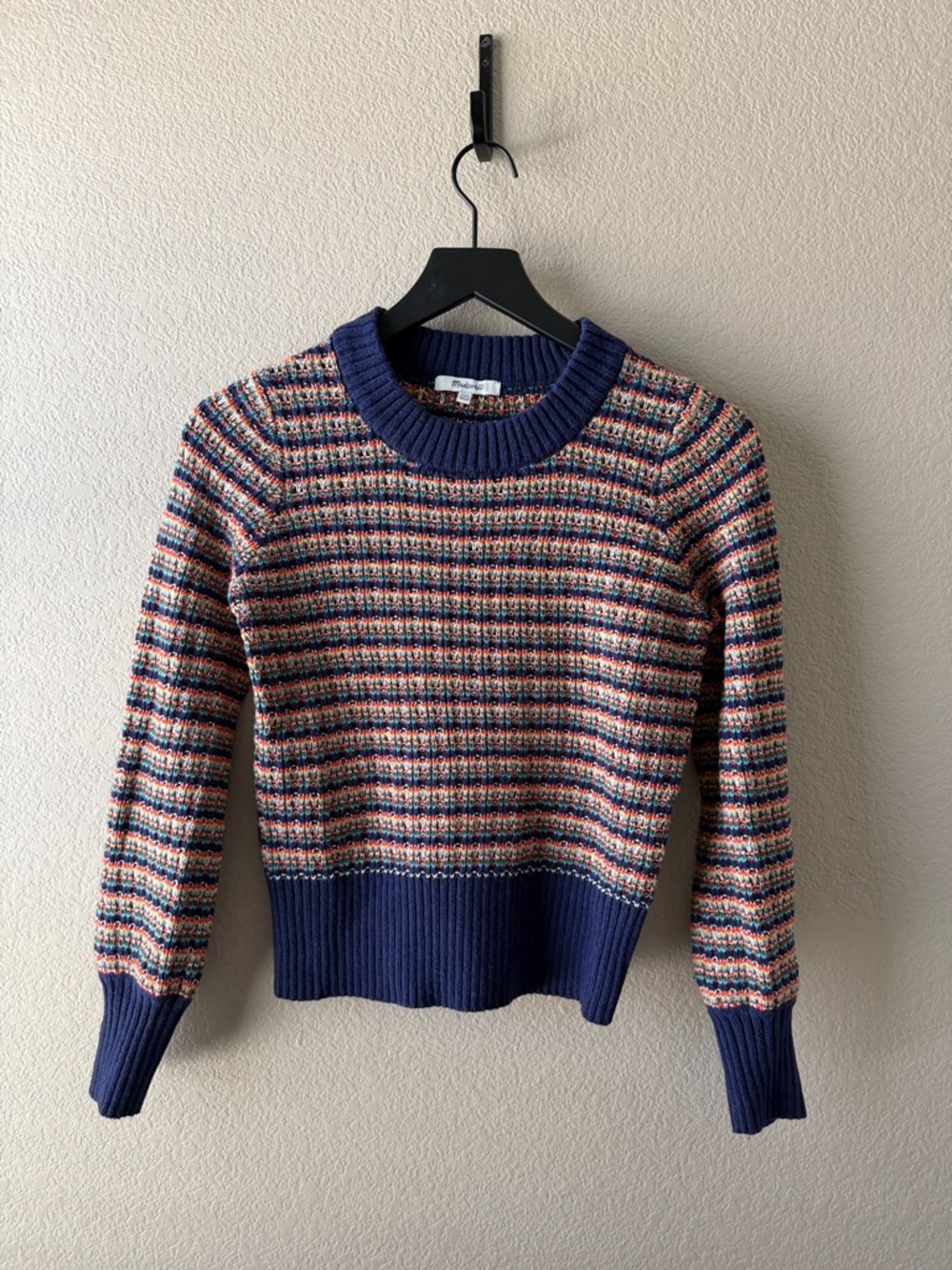 Madewell Striped Navy Multicolor Ribbed Crewneck Sweater